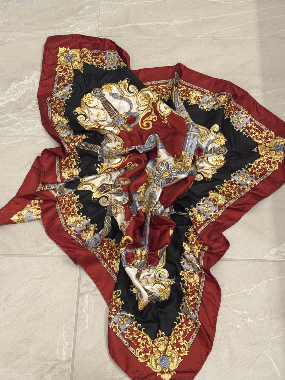 Baroque-Print Red & Black Silk Scarf Hair-wrap Purse Strap Decor